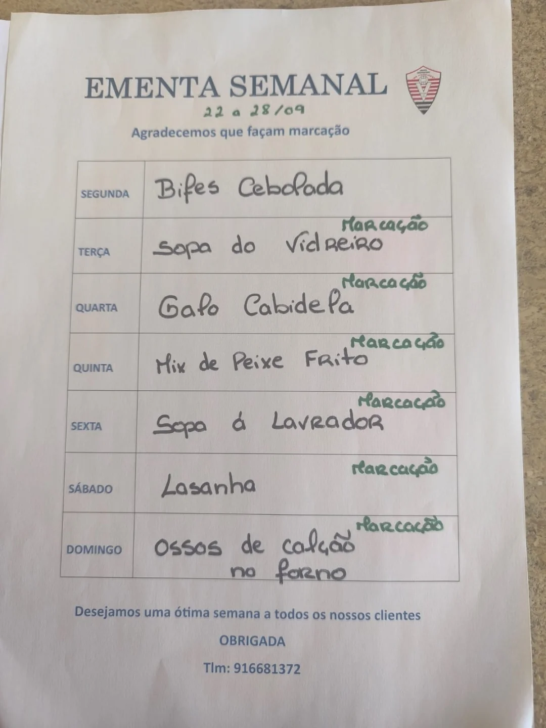 GD Vidreiros Weekly Menu